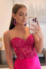 Sparkly Hot Pink Corset Long Corset Prom Dress with Slit Gowns, Sparkly Hot Pink Corset Long Prom Dress with Slit
