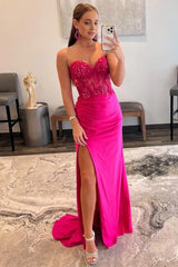Sparkly Hot Pink Corset Long Corset Prom Dress with Slit Gowns, Sparkly Hot Pink Corset Long Prom Dress with Slit