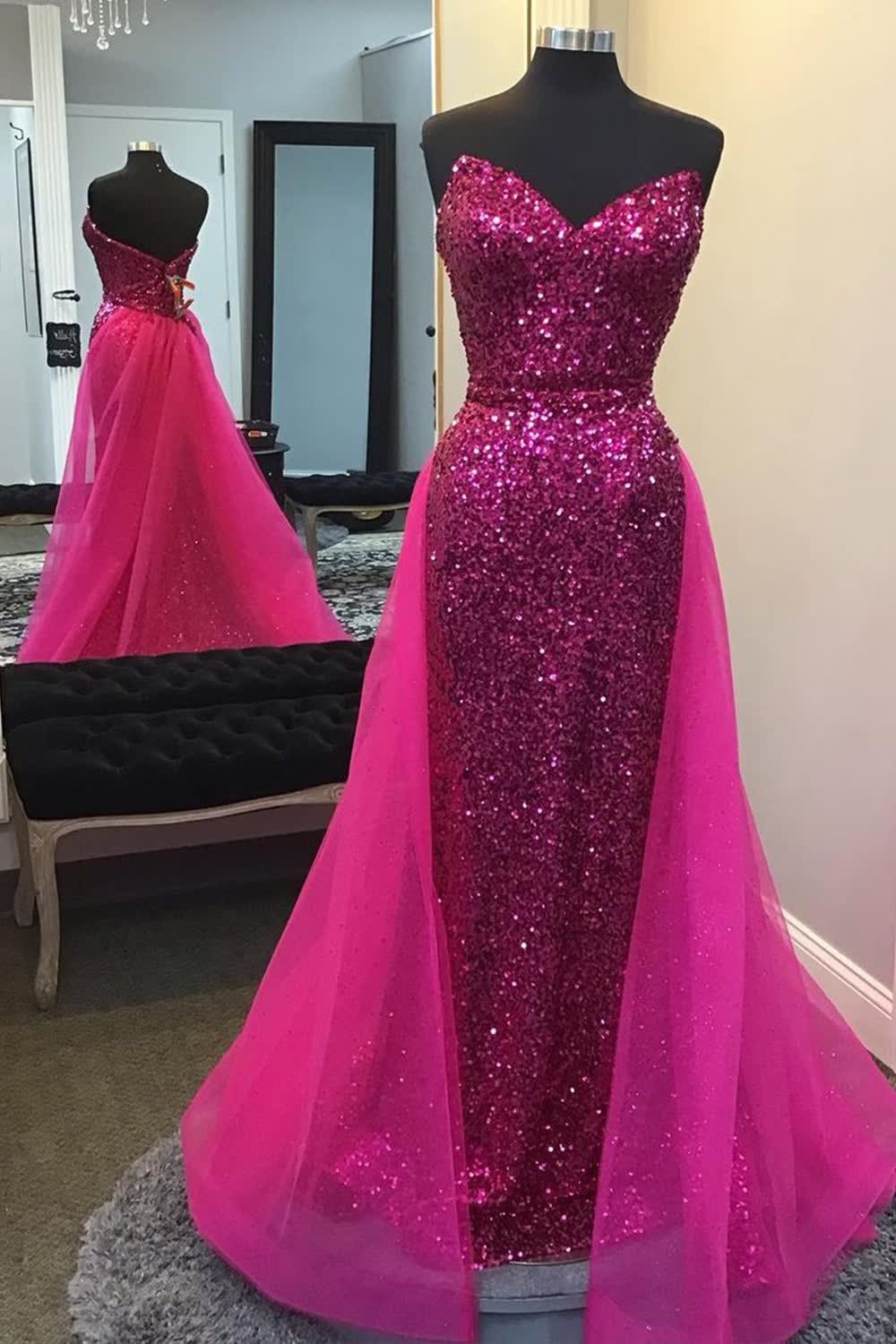 Sparkly Hot Pink Detachable Train Sequins Long Corset Prom Dress outfits, Sparkly Hot Pink Detachable Train Sequins Long Prom Dress