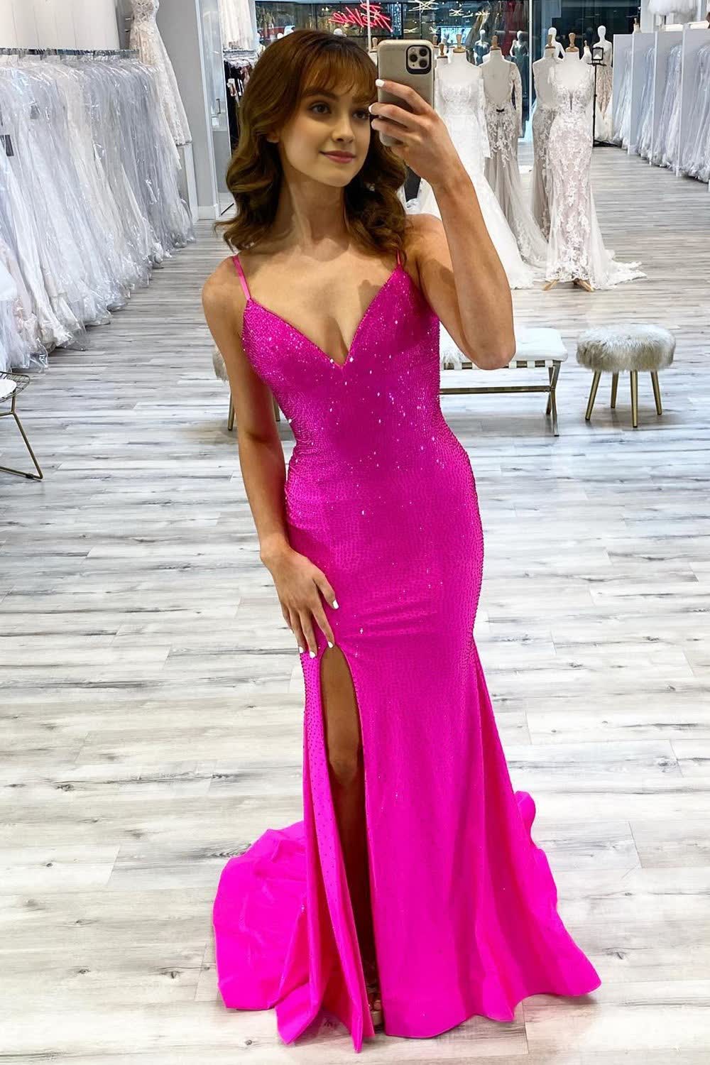Sparkly Hot Pink Mermaid Sequins Long Corset Prom Dress with Slit Gowns, Sparkly Hot Pink Mermaid Sequins Long Prom Dress with Slit