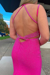 Sparkly Hot Pink Mermaid Sequins Open Back Long Corset Prom Dress outfits, Sparkly Hot Pink Mermaid Sequins Open Back Long Prom Dress