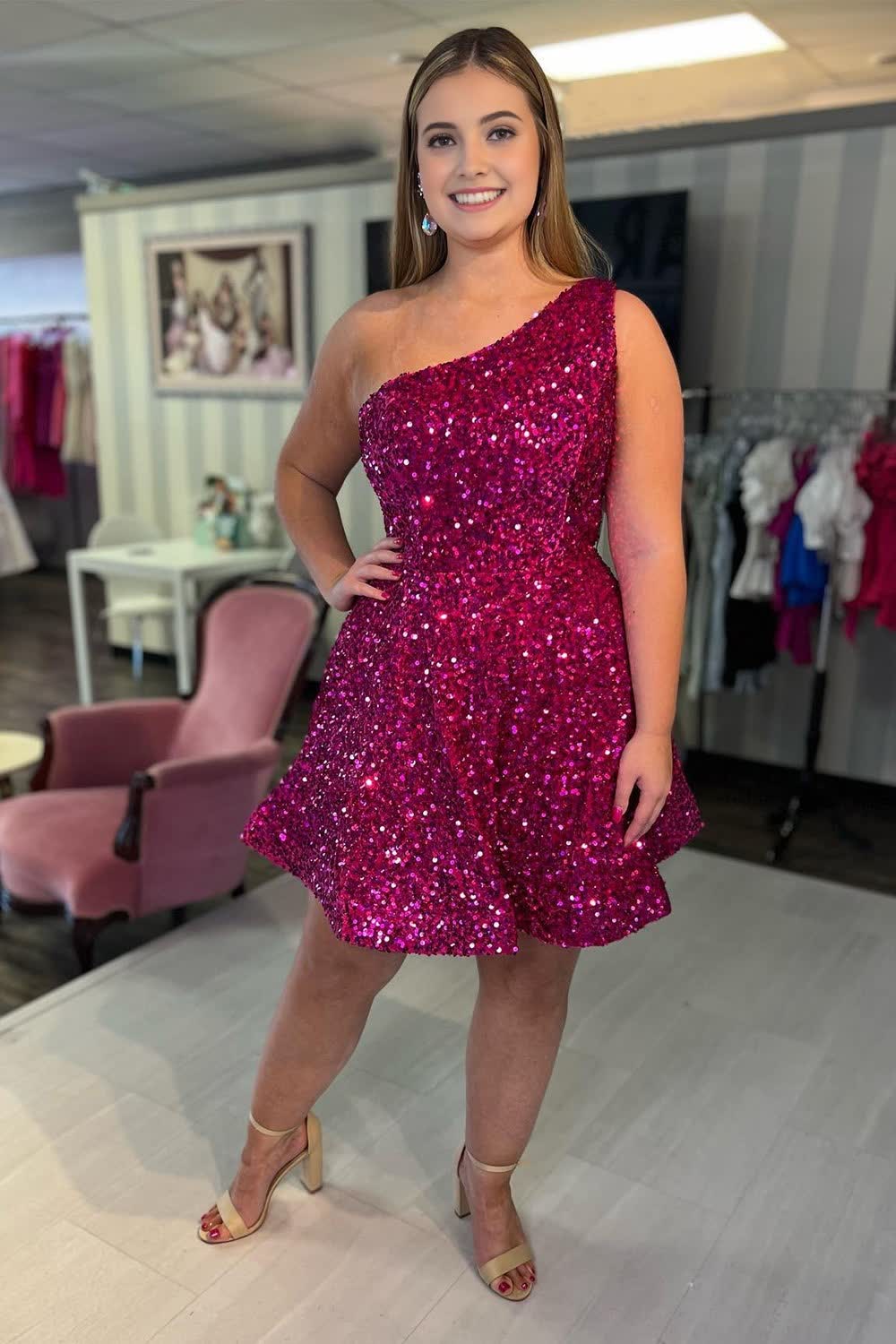 Sparkly Hot Pink One Shoulder Sequins Short Corset Homecoming Dress outfit, Sparkly Hot Pink One Shoulder Sequins Short Homecoming Dress