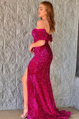 Sparkly Hot Pink Sequins Mermaid Long Corset Prom Dress with Slit Gowns, Sparkly Hot Pink Sequins Mermaid Long Prom Dress with Slit