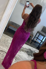 Sparkly Hot Pink Sheath Sequins Long Corset Prom Dress with Slit Gowns, Sparkly Hot Pink Sheath Sequins Long Prom Dress with Slit