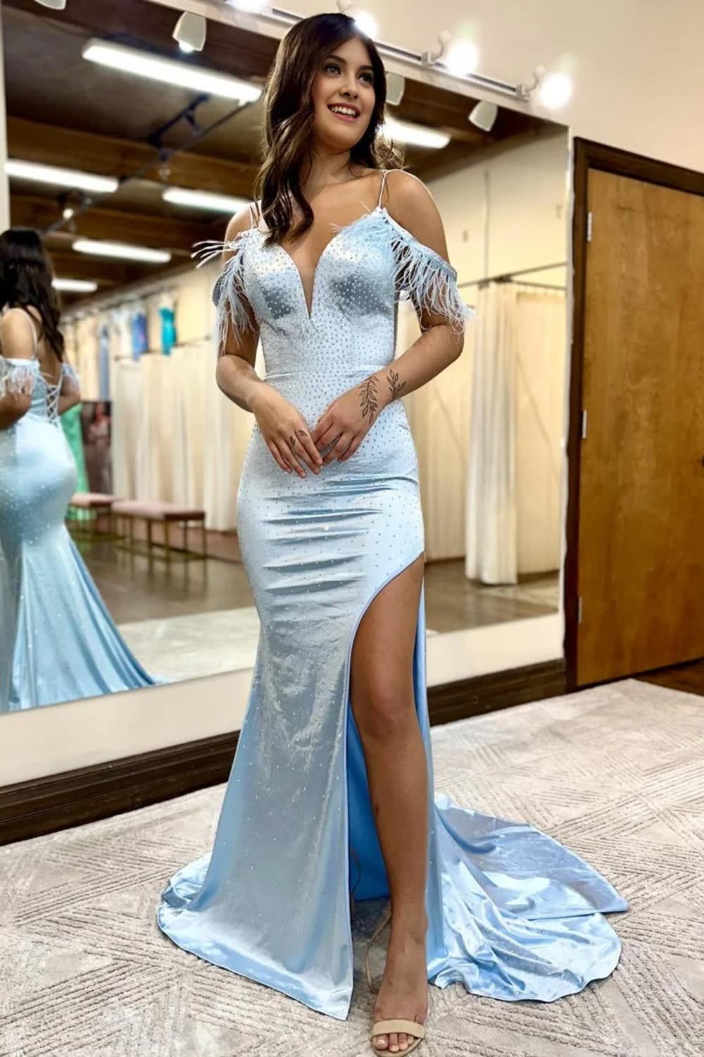 Sparkly Light Blue Sequins Mermaid Long Corset Prom Dress with Feathers outfit, Sparkly Light Blue Sequins Mermaid Long Prom Dress with Feathers
