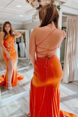 Sparkly Mermaid One Shoulder Orange Long Corset Prom Dress with Star Appliques Gowns, Sparkly Mermaid One Shoulder Orange Long Prom Dress with Star Appliques
