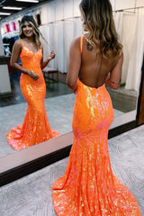 Sparkly Mermaid Orange Sequins Long Corset Prom Dress outfits, Sparkly Mermaid Orange Sequins Long Prom Dress