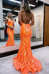 Sparkly Mermaid Orange Sequins Long Corset Prom Dress outfits, Sparkly Mermaid Orange Sequins Long Prom Dress