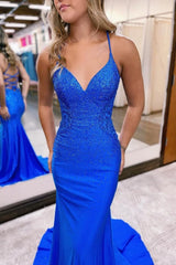 Sparkly Mermaid Royal Blue Beaded Long Corset Prom Dress with Appliques Gowns, Sparkly Mermaid Royal Blue Beaded Long Prom Dress with Appliques