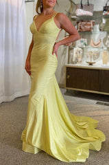 Sparkly Mermaid Spaghetti Straps Yellow Sequins Long Corset Prom Dress outfits, Sparkly Mermaid Spaghetti Straps Yellow Sequins Long Prom Dress