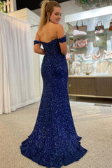Sparkly Navy Corset Mermaid Sequins Long Corset Prom Dress with Slit Gowns, Sparkly Navy Corset Mermaid Sequins Long Prom Dress  with Slit