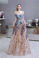 Sparkly Off-the-Shoulder Sequins A line Corset Prom Dresses Floor Length outfits, Formal Dresses Royal Blue