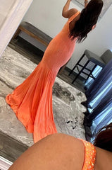 Sparkly Orange Beaded Mermaid Long Corset Prom Dress outfits, Sparkly Orange Beaded Mermaid Long Prom Dress