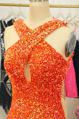 Sparkly Orange Cross V-Neck Sequins Tight Corset Homecoming Dress outfit, Sparkly Orange Cross V-Neck Sequins Tight Homecoming Dress