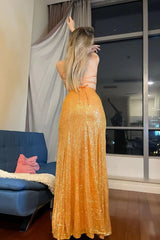 Sparkly Orange Mermaid Sequins Long Corset Prom Dress outfits, Sparkly Orange Mermaid Sequins Long Prom Dress