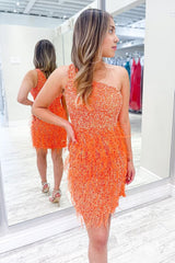 Sparkly Orange One Shoulder Sequins Tight Corset Homecoming Dress with Feathers outfit, Sparkly Orange One Shoulder Sequins Tight Homecoming Dress with Feathers