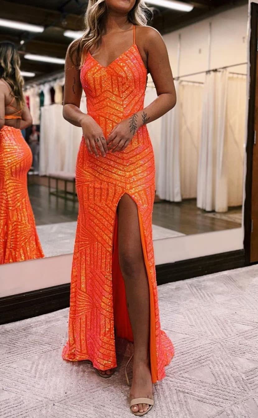 Sparkly Orange Open Back Sequins Long Corset Prom Dress with Slit Gowns, Sparkly Orange Open Back Sequins Long Prom Dress with Slit