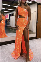 Sparkly Orange Sequin One Shoulder Long Corset Prom Dress with Slit Gowns, Sparkly Orange Sequin One Shoulder Long Prom Dress with Slit