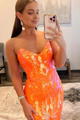 Sparkly Orange Sequin Sweetheart Lace-Up Back Long Corset Prom Dress outfits, Sparkly Orange Sequin Sweetheart Lace-Up Back Long Prom Dress