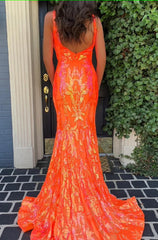 Sparkly Orange Sequin V-Neck Mermaid Long Corset Prom Dress outfits, Sparkly Orange Sequin V-Neck Mermaid Long Prom Dress