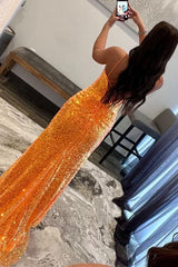 Sparkly Orange Sequins Long Corset Prom Dress with Slit Gowns, Sparkly Orange Sequins Long Prom Dress with Slit