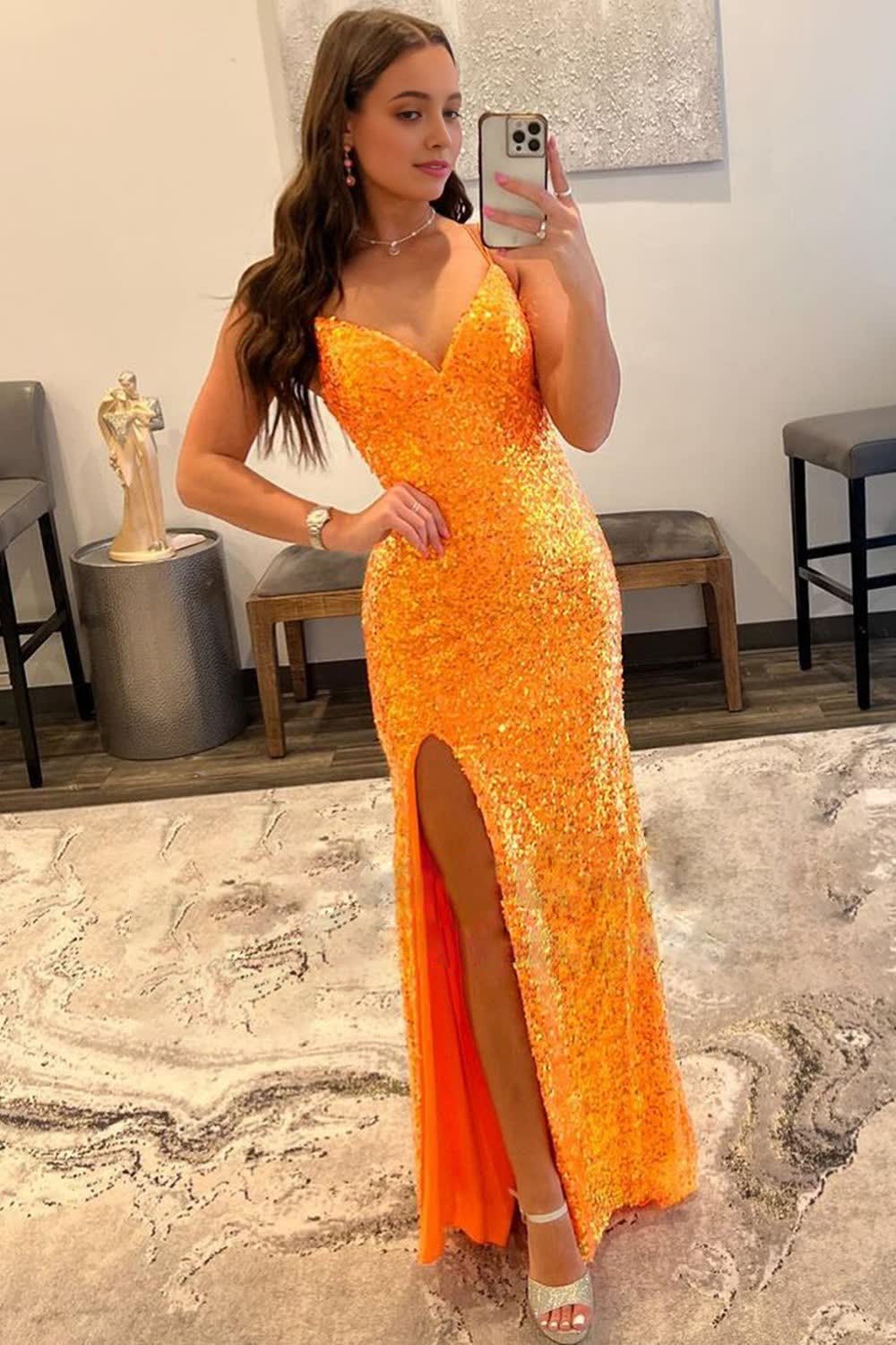 Sparkly Orange Sequins Long Corset Prom Dress with Slit Gowns, Sparkly Orange Sequins Long Prom Dress with Slit