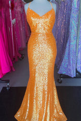Sparkly Orange Sequins Mermaid Long Corset Prom Dress outfits, Sparkly Orange Sequins Mermaid Long Prom Dress