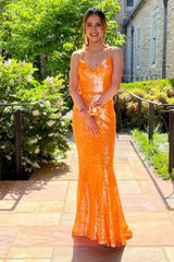 Sparkly Orange Sequins Mermaid Long Corset Prom Dress outfits, Sparkly Orange Sequins Mermaid Long Prom Dress