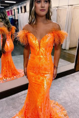Sparkly Orange Sequins Off the Shoulder Mermaid Long Corset Prom Dress with Feathers outfit, Sparkly Orange Sequins Off the Shoulder Mermaid Long Prom Dress with Feathers