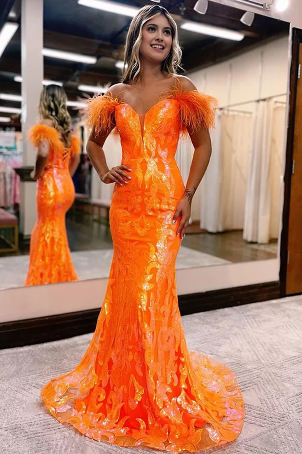 Sparkly Orange Sequins Off the Shoulder Mermaid Long Corset Prom Dress with Feathers outfit, Sparkly Orange Sequins Off the Shoulder Mermaid Long Prom Dress with Feathers