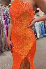 Sparkly Orange Sequins One Shoulder Mermaid Long Corset Prom Dress with Fringes outfit, Sparkly Orange Sequins One Shoulder Mermaid Long Prom Dress with Fringes