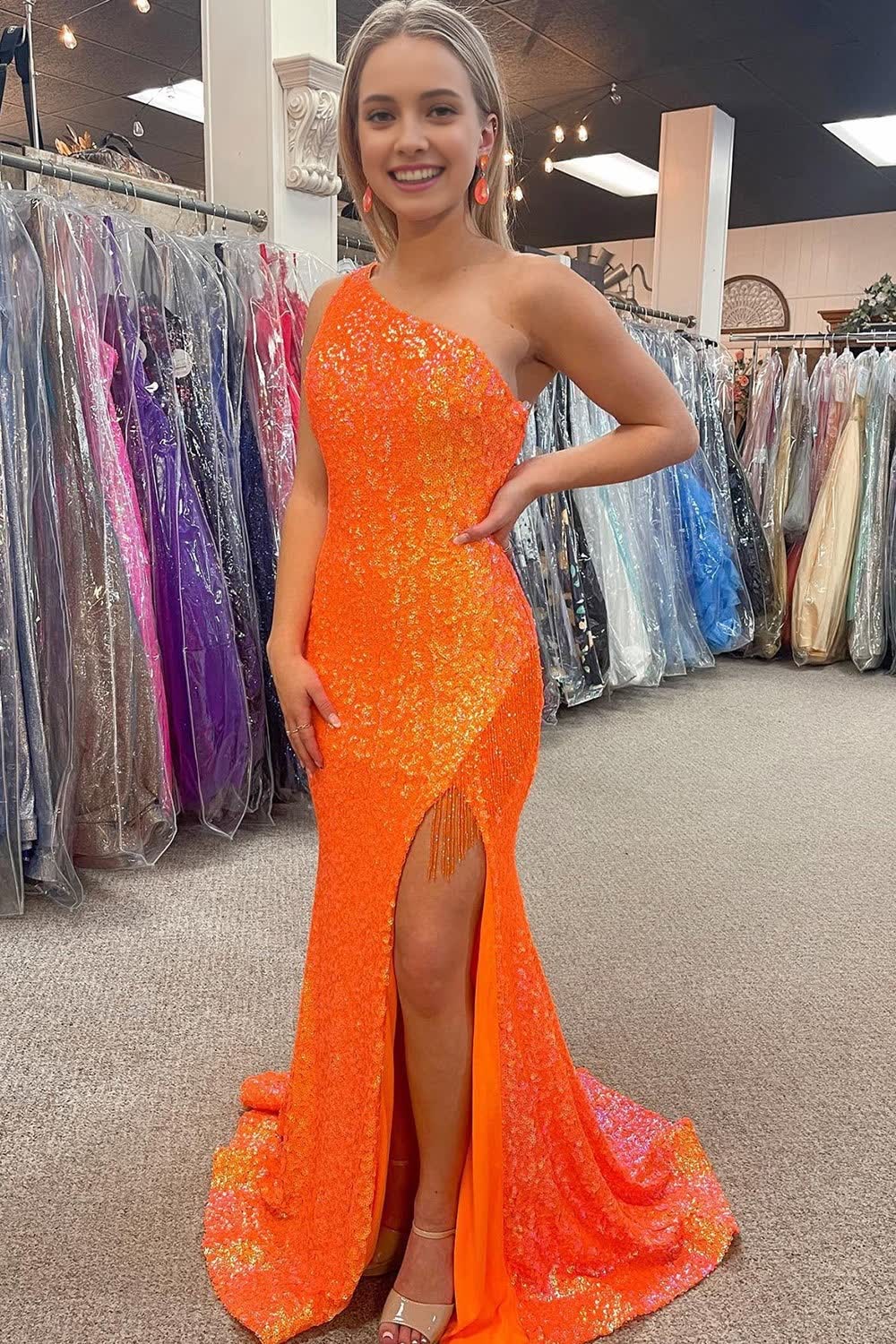 Sparkly Orange Sequins One Shoulder Mermaid Long Corset Prom Dress with Fringes outfit, Sparkly Orange Sequins One Shoulder Mermaid Long Prom Dress with Fringes