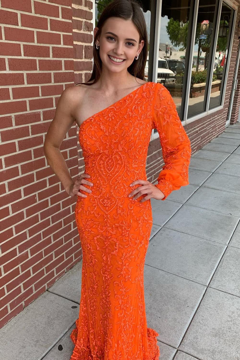 Sparkly Orange Sequins One Shoulder One Sleeve Long Corset Prom Dress outfits, Sparkly Orange Sequins One Shoulder One Sleeve Long Prom Dress