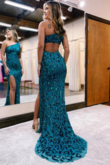 Sparkly Peacock Blue Sequins Mermaid One Shoulder Long Corset Prom Dress with Slit Gowns, Sparkly Peacock Blue Sequins Mermaid One Shoulder Long Prom Dress with Slit