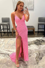Sparkly Pink Detachable Train Sequins Corset Prom Dress with Slit Gowns, Sparkly Pink Detachable Train Sequins Prom Dress with Slit