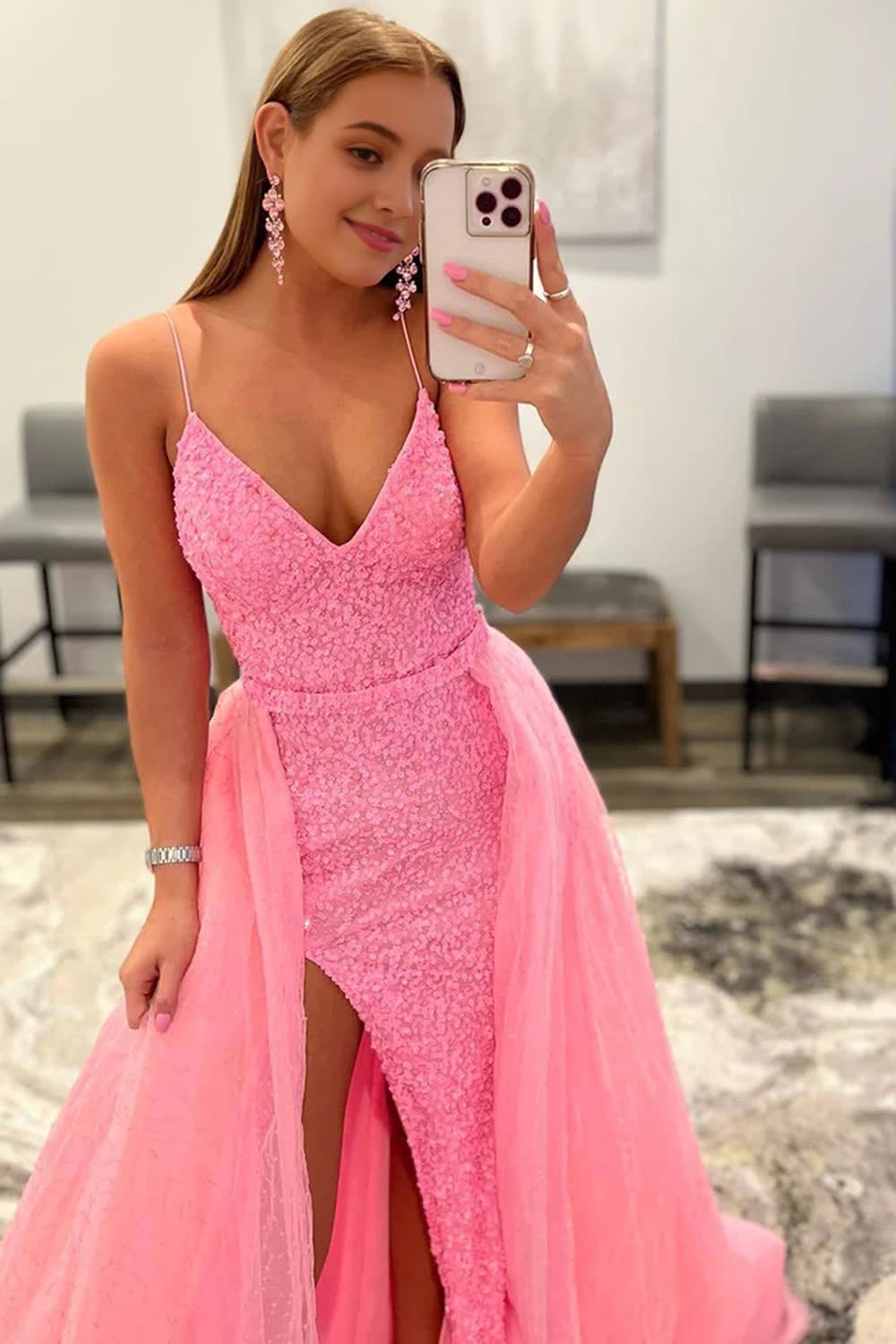 Sparkly Pink Detachable Train Sequins Corset Prom Dress with Slit Gowns, Sparkly Pink Detachable Train Sequins Prom Dress with Slit