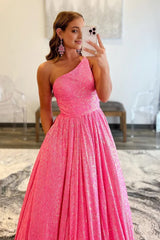 Sparkly Pink One Shoulder A Line Sequins Corset Prom Dress outfits, Sparkly Pink One Shoulder A Line Sequins Prom Dress