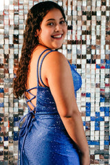 Sparkly Plus Size Blue Spaghetti Straps Short Corset Prom Dress with Beading outfit, Sparkly Plus Size Blue Spaghetti Straps Short Prom Dress with Beading