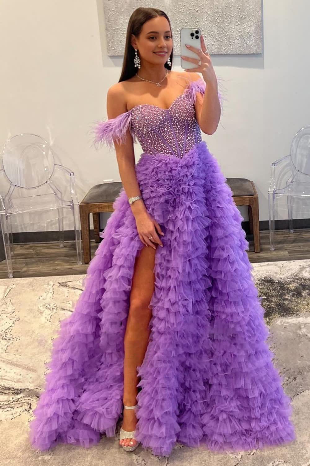 Sparkly Purple Beaded Long Corset Prom Dress with Ruffles Gowns, Sparkly Purple Beaded Long Prom Dress with Ruffles