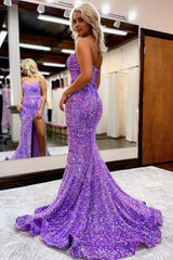 Sparkly Purple Sequins Mermaid Long Corset Prom Dress with Slit Gowns, Sparkly Purple Sequins Mermaid Long Prom Dress with Slit
