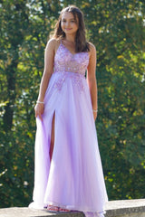 Sparkly Purple Spaghetti Straps Beaded Long Corset Prom Dress with Slit Gowns, Sparkly Purple Spaghetti Straps Beaded Long Prom Dress with Slit