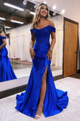 Sparkly Royal Blue Corset Detachable Neck Mermaid Long Corset Prom Dress with Slit Gowns, Sparkly Royal Blue Corset Detachable Neck Mermaid Long Prom Dress with Slit