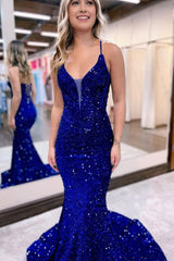 Sparkly Royal Blue Lace-Up Back Sequins Mermaid Long Corset Prom Dress outfits, Sparkly Royal Blue Lace-Up Back Sequins Mermaid Long Prom Dress