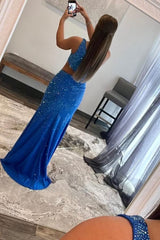 Sparkly Royal Blue One Shoulder Sheath Long Corset Prom Dress with Slit Gowns, Sparkly Royal Blue One Shoulder Sheath Long Prom Dress with Slit
