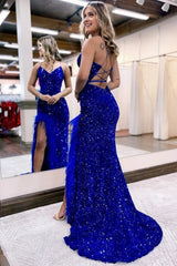 Sparkly Royal Blue Sequins Long Mermaid Corset Prom Dress with Feathers outfit, Sparkly Royal Blue Sequins Long Mermaid Prom Dress with Feathers