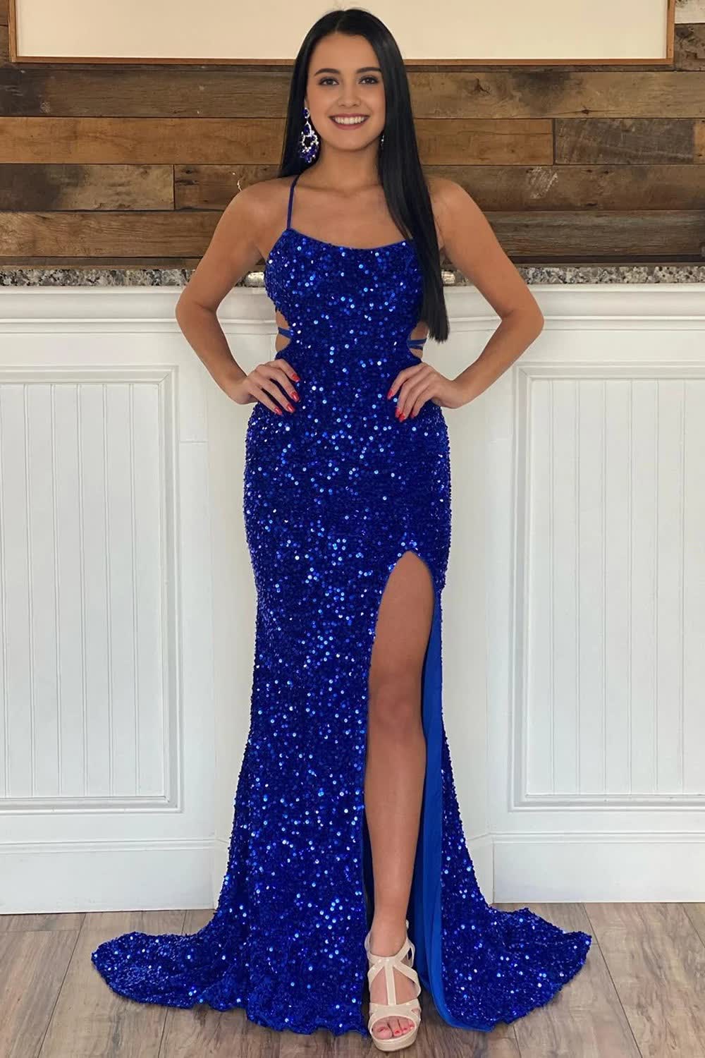 Sparkly Royal Blue Sequins Mermaid Long Corset Prom Dress with Slit Gowns, Sparkly Royal Blue Sequins Mermaid Long Prom Dress with Slit