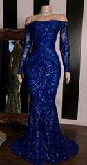 Sparkly Sequined Mermaid African Corset Prom Dresses Royal Blue Long Sleeve Graduation Corset Formal Dress Plus Size Evening Gowns outfit, Formal Dresses Long