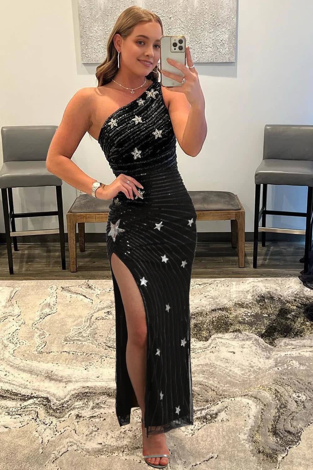 Sparkly Sequins Black One Shoulder Long Corset Prom Dress with Stars outfit, Sparkly Sequins Black One Shoulder Long Prom Dress with Stars