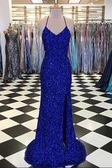 Sparkly Sheath Royal Blue Corset Prom Dresses, Evening Dresses with Slit Gowns, Prom Dress Guide