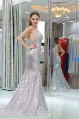 Sparkly Silver Sequined Mermaid Halter Backless Corset Prom Dresses outfit, Black Tie Dress